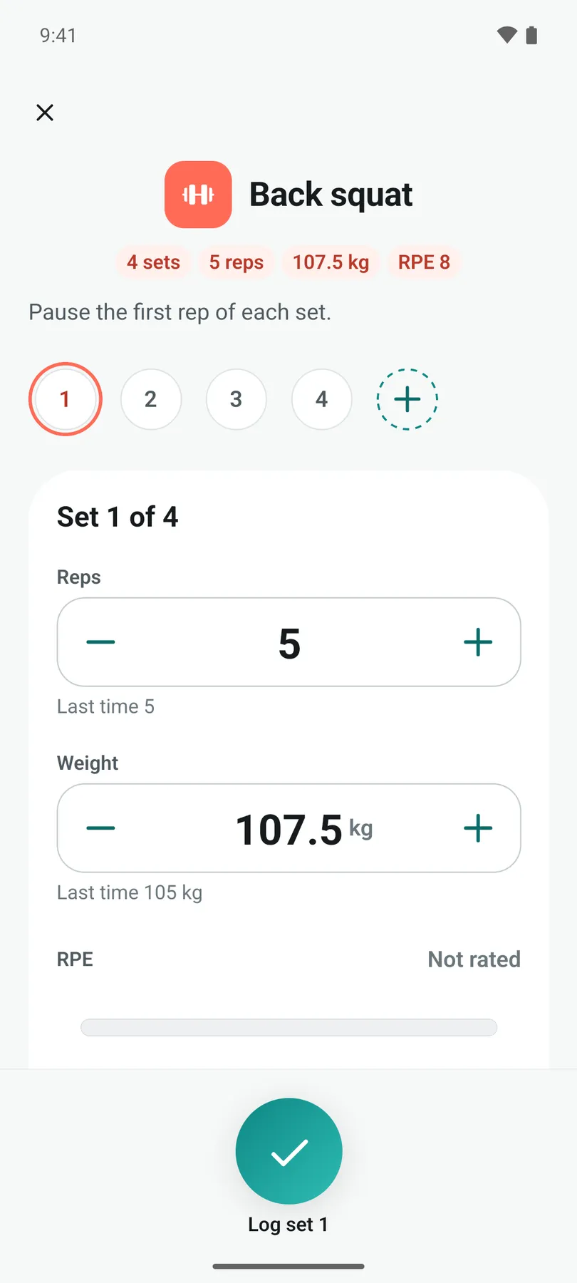 Logging set 1 of 4 of Back squat: 5 reps at 107.5 kg, with last time's numbers under each, and the Log set button at the foot.